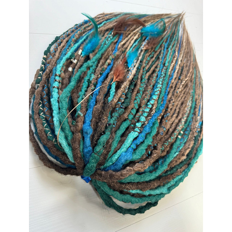 Ocean  Forest Dreads  Brown Blue Green Faux Dreadlocks With Feathers And Natural Charms 2