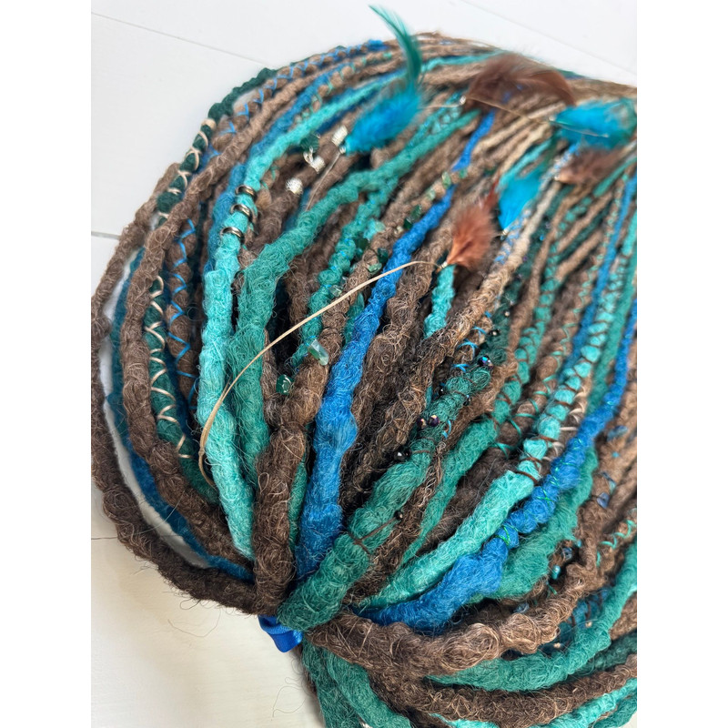 Ocean  Forest Dreads  Brown Blue Green Faux Dreadlocks With Feathers And Natural Charms 5