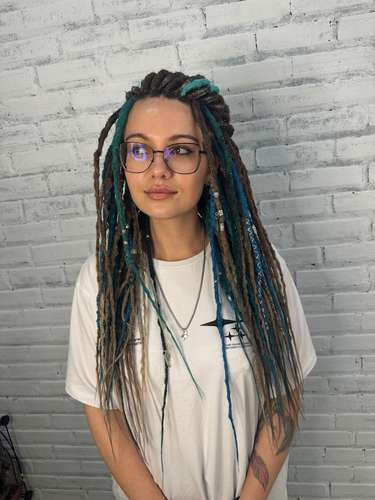 Ocean & Forest Dreads – Brown Blue Green Faux Dreadlocks with Feathers and Natural Charms