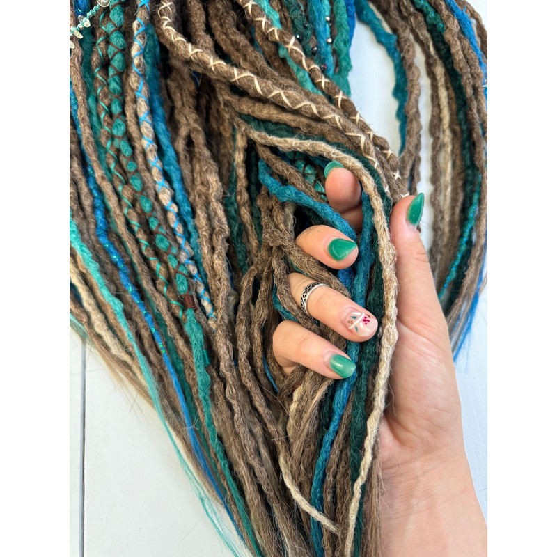 Ocean  Forest Dreads  Brown Blue Green Faux Dreadlocks With Feathers And Natural Charms 8
