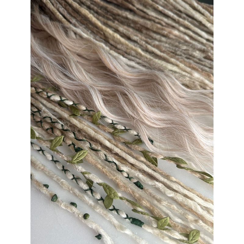 Earthy Blonde Dreadlocks  Faux Crochet Dreads With Braids Waves  Leaf Accents 2
