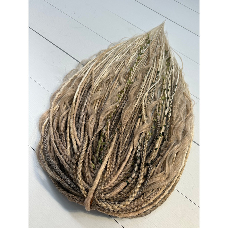 Earthy Blonde Dreadlocks  Faux Crochet Dreads With Braids Waves  Leaf Accents 4