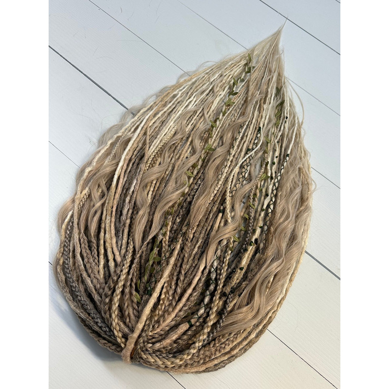 Earthy Blonde Dreadlocks  Faux Crochet Dreads With Braids Waves  Leaf Accents 5
