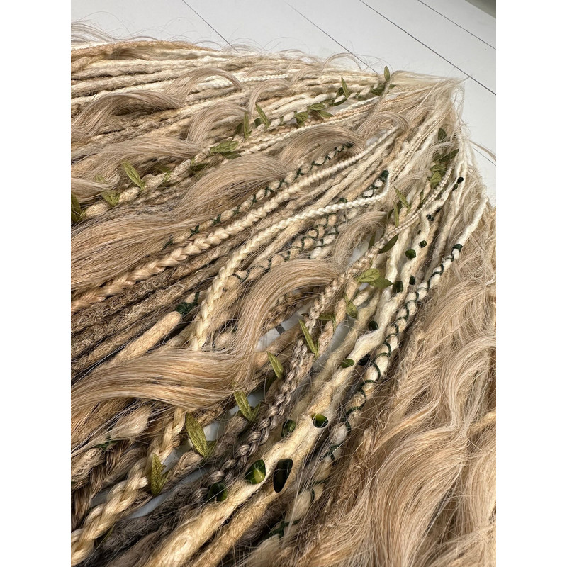 Earthy Blonde Dreadlocks  Faux Crochet Dreads With Braids Waves  Leaf Accents 6