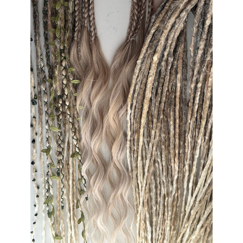 Earthy Blonde Dreadlocks  Faux Crochet Dreads With Braids Waves  Leaf Accents 8