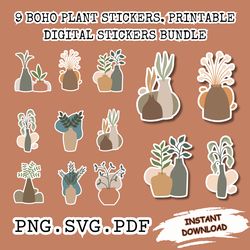 Boho Digital Stickers SVG Bundle, 9 PNG Printable Stickers, Boho Plant Stickers