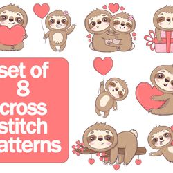 Cross Stitch Pattern Valentine Sloth Animal With Hearts Set Of 8 Patterns Embroidery Love Funny Cross Stitch Patterns Co