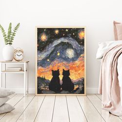Starry Night Style Cross Stitch Pattern, Van Gogh Cross stitch Art, Cross Stitch Cat, Famous Painting Embroidery, Count