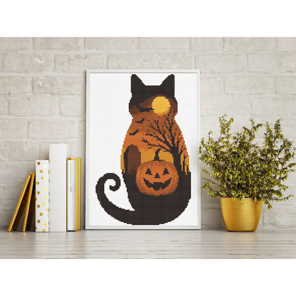 Halloween Cat Cross Stitch Pattern PDF Black Cat Pumpkin Moon Spooky Animal Landscape Xstitch Pat 0