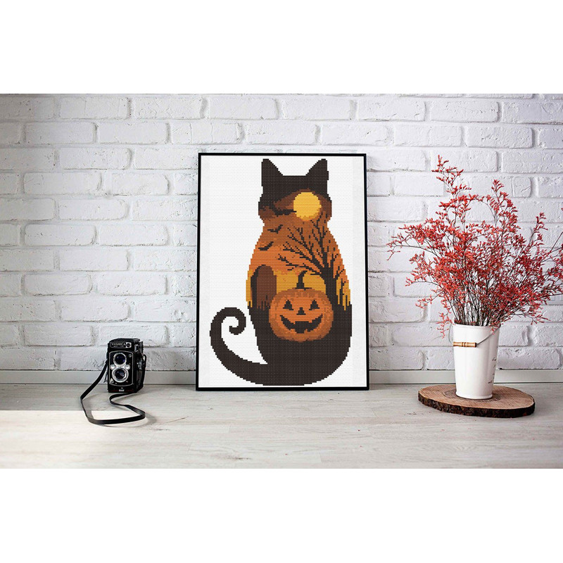 Halloween Cat Cross Stitch Pattern PDF Black Cat Pumpkin Moon Spooky Animal Landscape Xstitch Pat 1