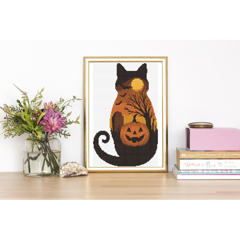 Halloween Cat Cross Stitch Pattern PDF Black Cat Pumpkin Moon Spooky Animal Landscape Xstitch Pat 2