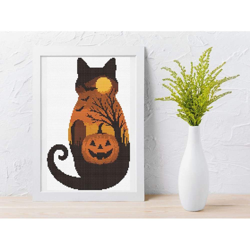 Halloween Cat Cross Stitch Pattern PDF Black Cat Pumpkin Moon Spooky Animal Landscape Xstitch Pat 3