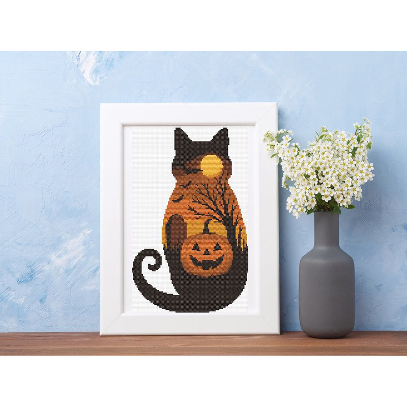 Halloween Cat Cross Stitch Pattern PDF Black Cat Pumpkin Moon Spooky Animal Landscape Xstitch Pat 4