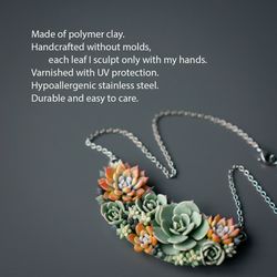 Orange & Green Succulent Necklace, Handmade Succulent Jewelry, Wedding Necklace