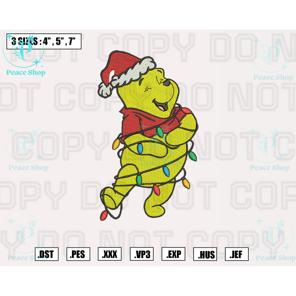 Winnie The Pooh Christmas Lights Embroidery Designs, Machine Embroidery Files, Christmas Embroidery Files.png