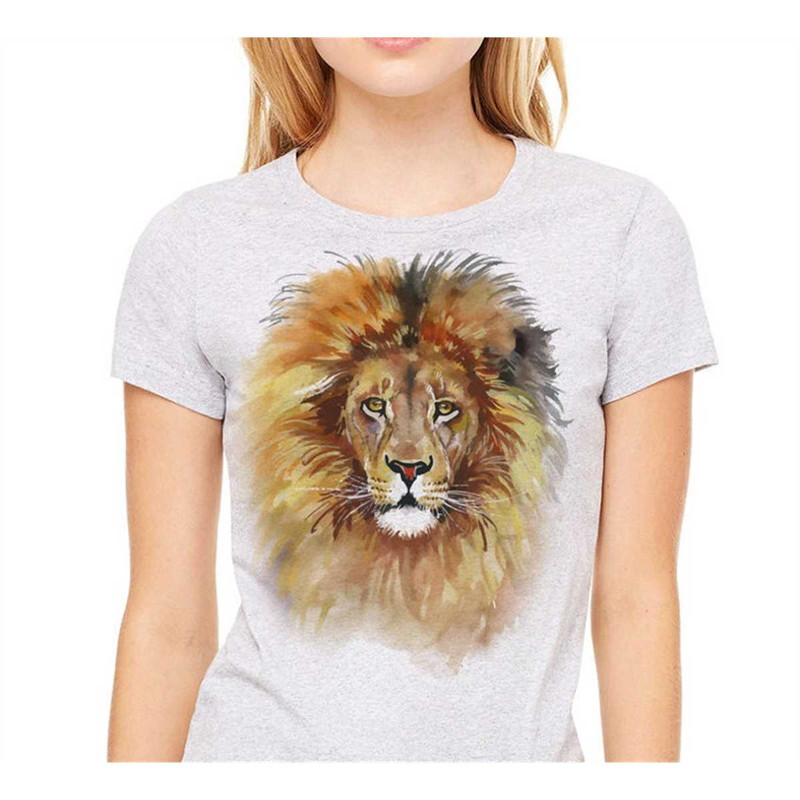 Lion T-shirt, Lion tee, Lion shirt. Colorful watercolor image of lion printed on a heather gray t-shirt, women's t-shirt.jpg