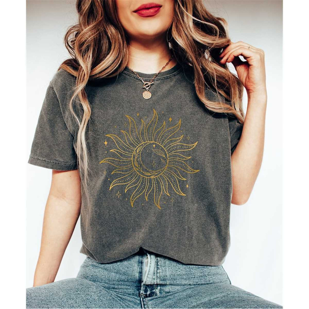 Retro Gold Moon And Sun Shirt, Celestial Moon Shirt, Moon Lover Shirt, Boho Moon Shirt, Astronomy Shirt, Space Lover Shi.jpg