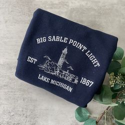 embroidered big sable point light sweatshirt, crewneck sweatshirt, big sable light house, lake michigan sweatshirt, mich