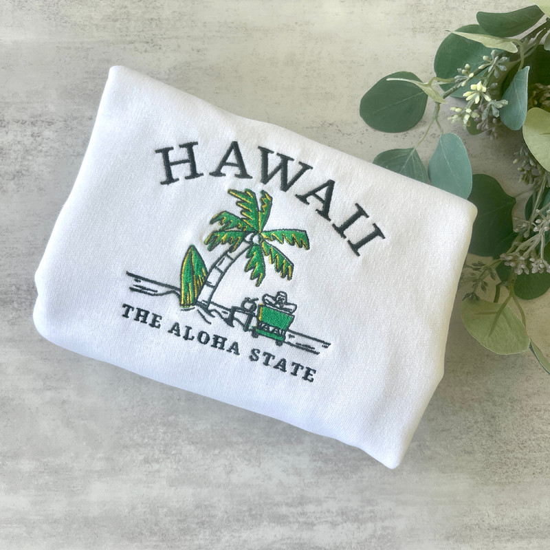 Embroidered Hawaii Sweatshirt, The Aloha State Sweatshirt, Hawaii Palm Trees Crewneck, Hawaii The Aloha State Sweatshirt, Beach Sweatshirt 1.jpg