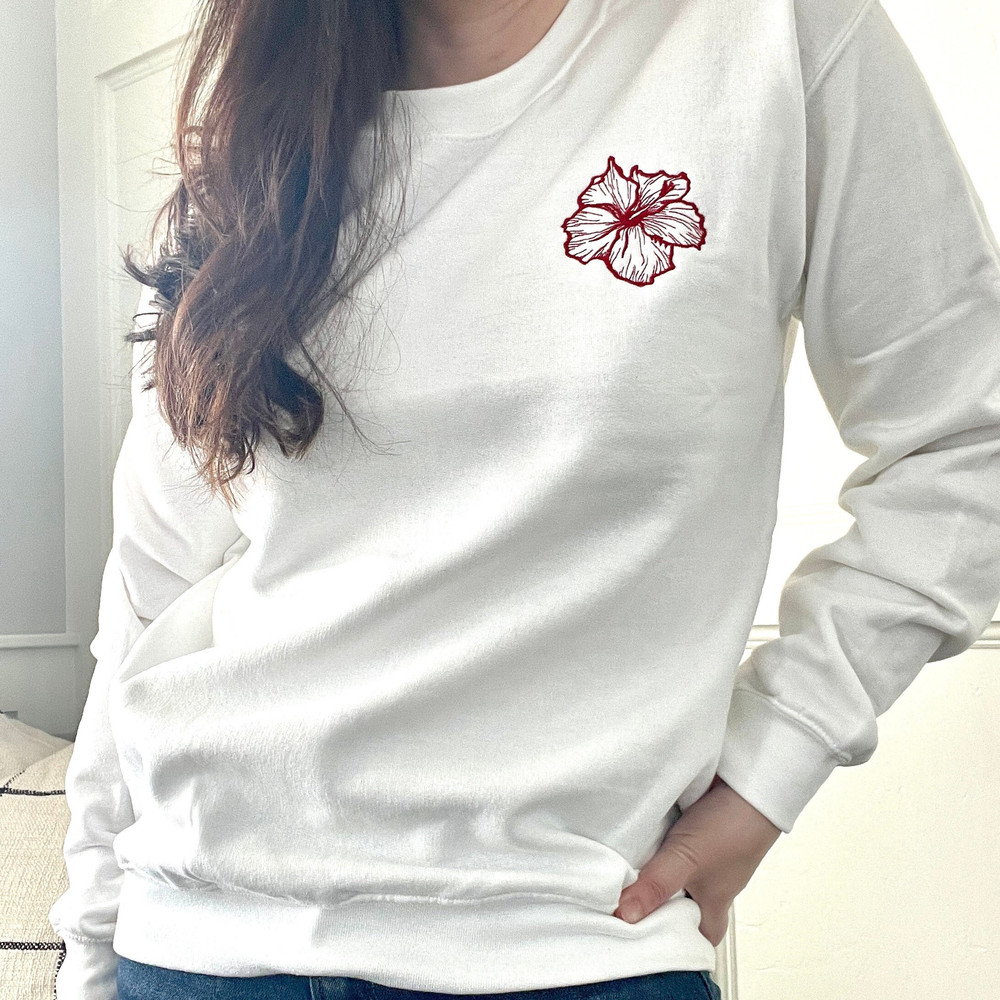 Embroidered Hawaiian Flower Sweatshirt, Minimal Hawaii Sweatshirt, Minimal Flower Sweatshirt. Red, White Sweatshirt.jpg