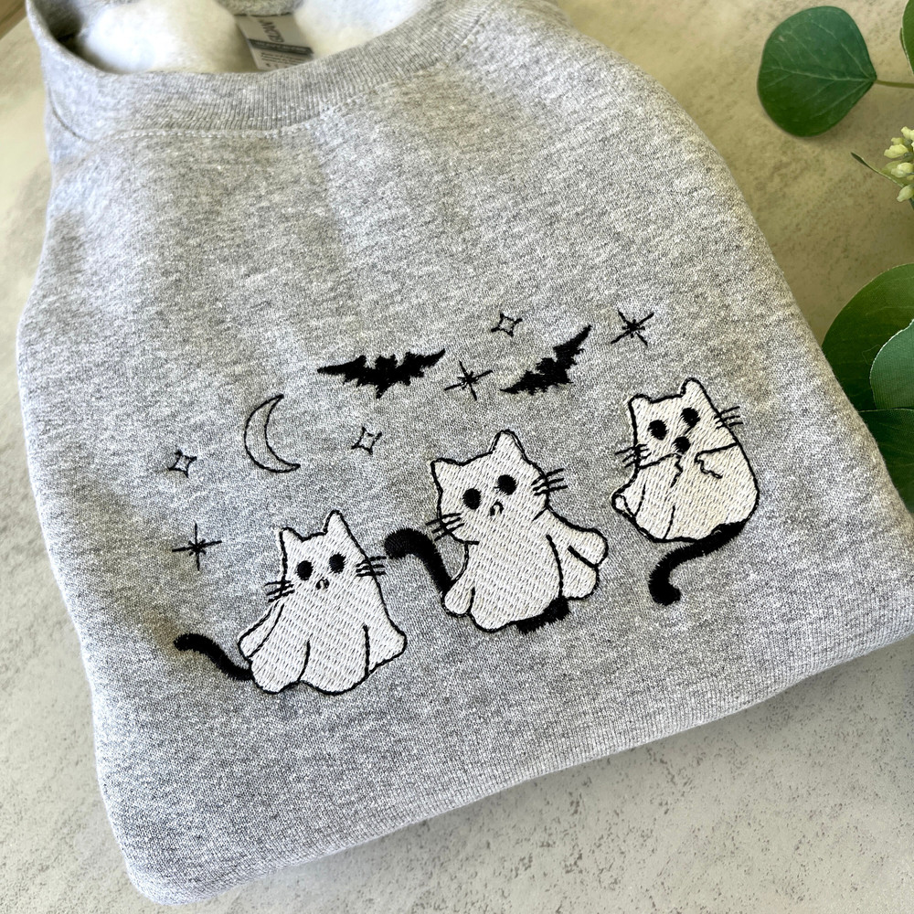 Halloween Ghost Cats Hoodie, Halloween Cat Sweatshirt, Trendy Halloween Sweatshirt, Embroidered Sweatshirt, Cute Sweatshirt, For Her.jpg