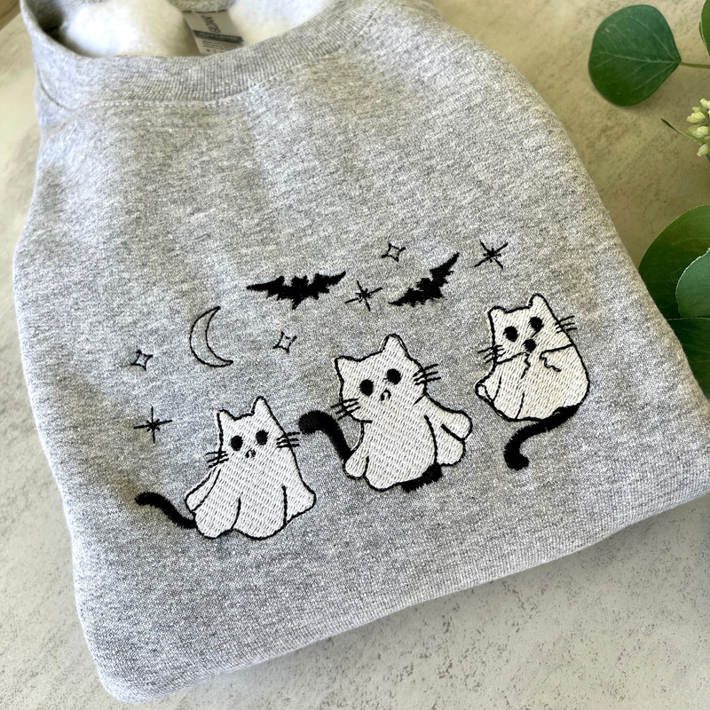Halloween Ghost Cats Hoodie, Halloween Cat Sweatshirt, Trendy Halloween Sweatshirt, Embroidered Sweatshirt, Cute Sweatshirt, For Her.jpg