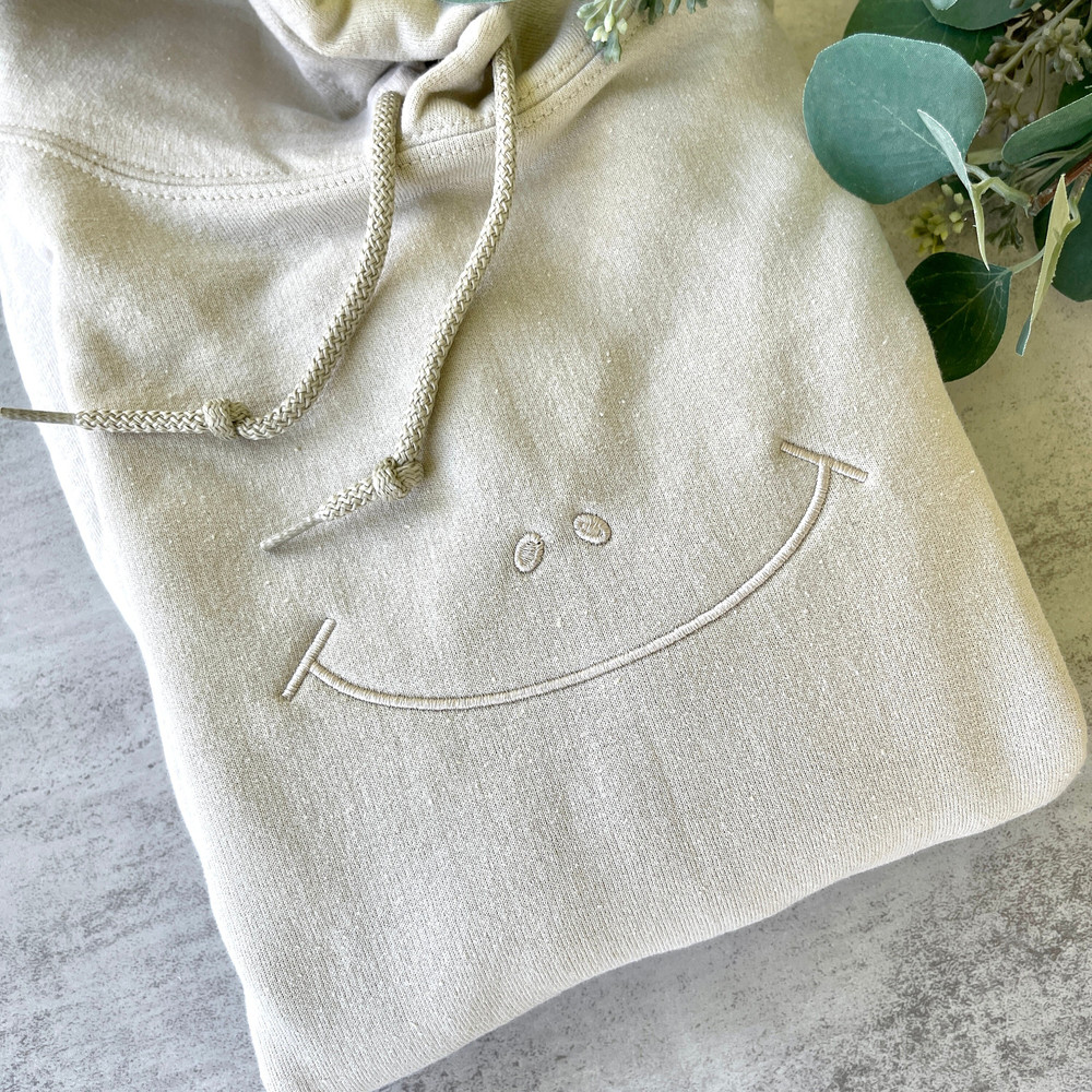 Smiley Embroidered Sweatshirt, Smiley Sweatshirt, Tan Sweatshirt, Embroidered Smiley Sweatshirts, Hoodie.jpg