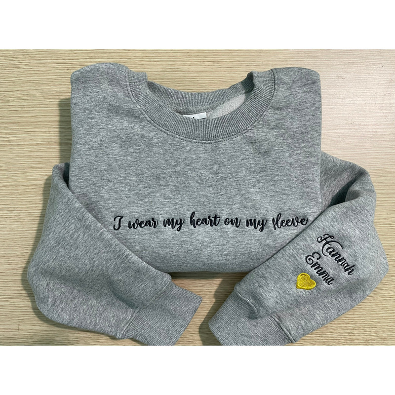 Embroidered I Wear My Heart On My Sleeve Sweatshirt with Kids Names on Sleeve, Custom Embroidery Mom Hoodie,New Mom Gift Personalized Tshirt 1.jpg