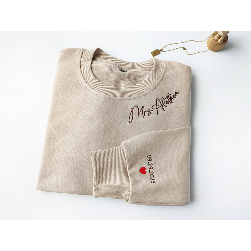 Custom Neckline Mrs. Embroidered Sweatshirt, Name On Neckline,Future Mrs sweatshirt ,Date On Sleeve, Anniversary Gift, Engagement Gift.jpg