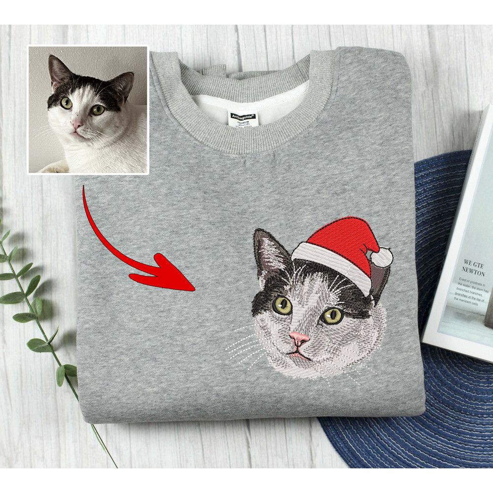 Embroidered Christmas Cat Sweatshirt, Christmas Crewneck Sweater, Personalized Cat Shirt, Christmas Shirt, Christmas Gifts, Cat Lovers Gift.jpg