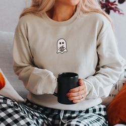 embroidered ghost coffee halloween sweatshirt little ghost coffee crewneck embroidered sweatshirt oversized fall swea