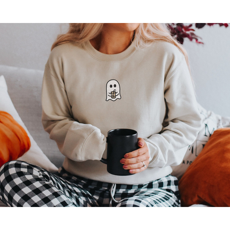 Embroidered Ghost Coffee Halloween Sweatshirt  Little Ghost Coffee Crewneck  Embroidered Sweatshirt  Oversized Fall Sweatshirt.jpg