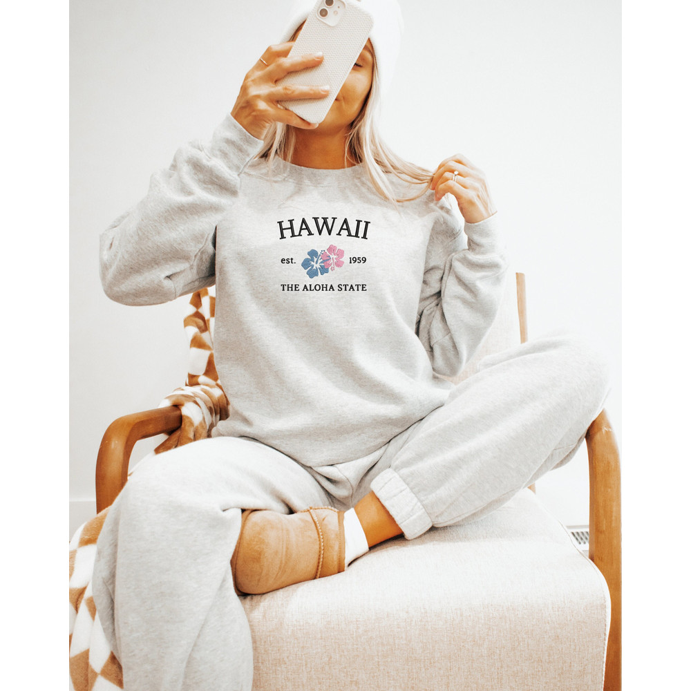 Embroidered Hawaii Sweatshirt The Aloha State Crewneck Embroidered Sweatshirt Gift For Her.jpg
