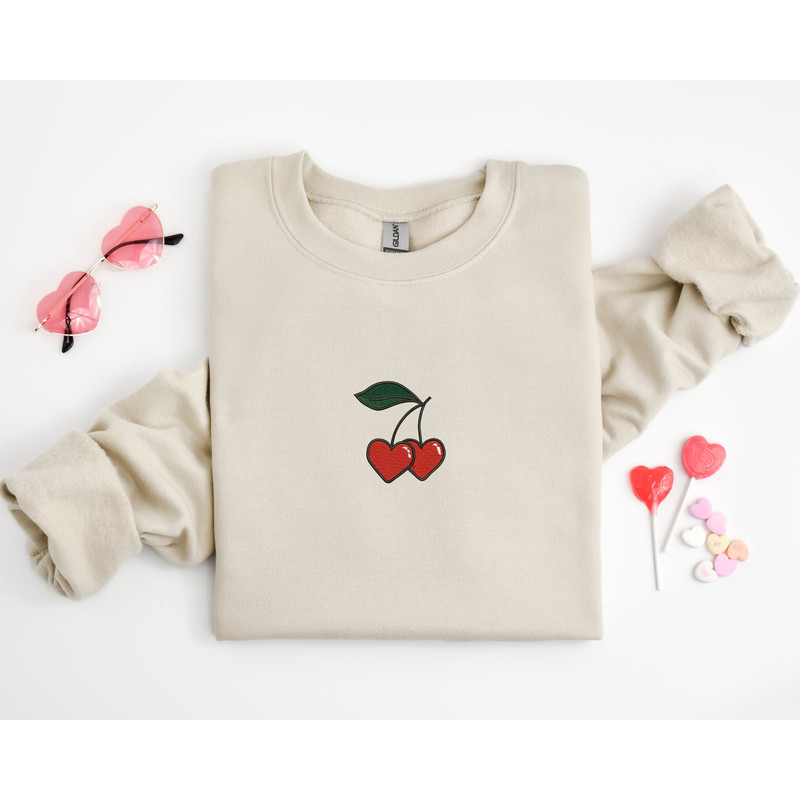 Embroidered Heart Cherries Sweatshirt  Valentine's Day Crewneck  Embroidered Sweatshirt  Gift For Her.jpg