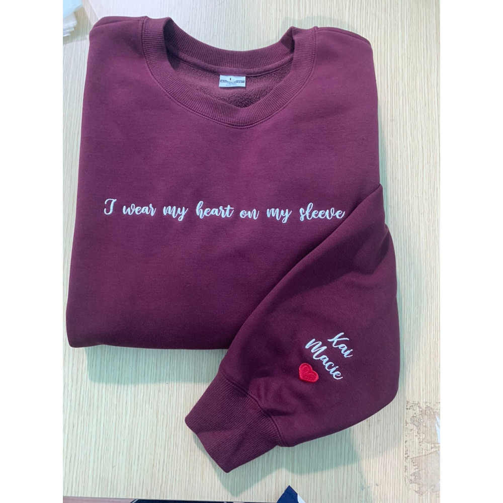 Embroidered I Wear My Heart On My Sleeve Sweatshirt with Kids Names on Sleeve, Custom Embroidery Mom Hoodie, New Mom Gift Personalized 1.jpg