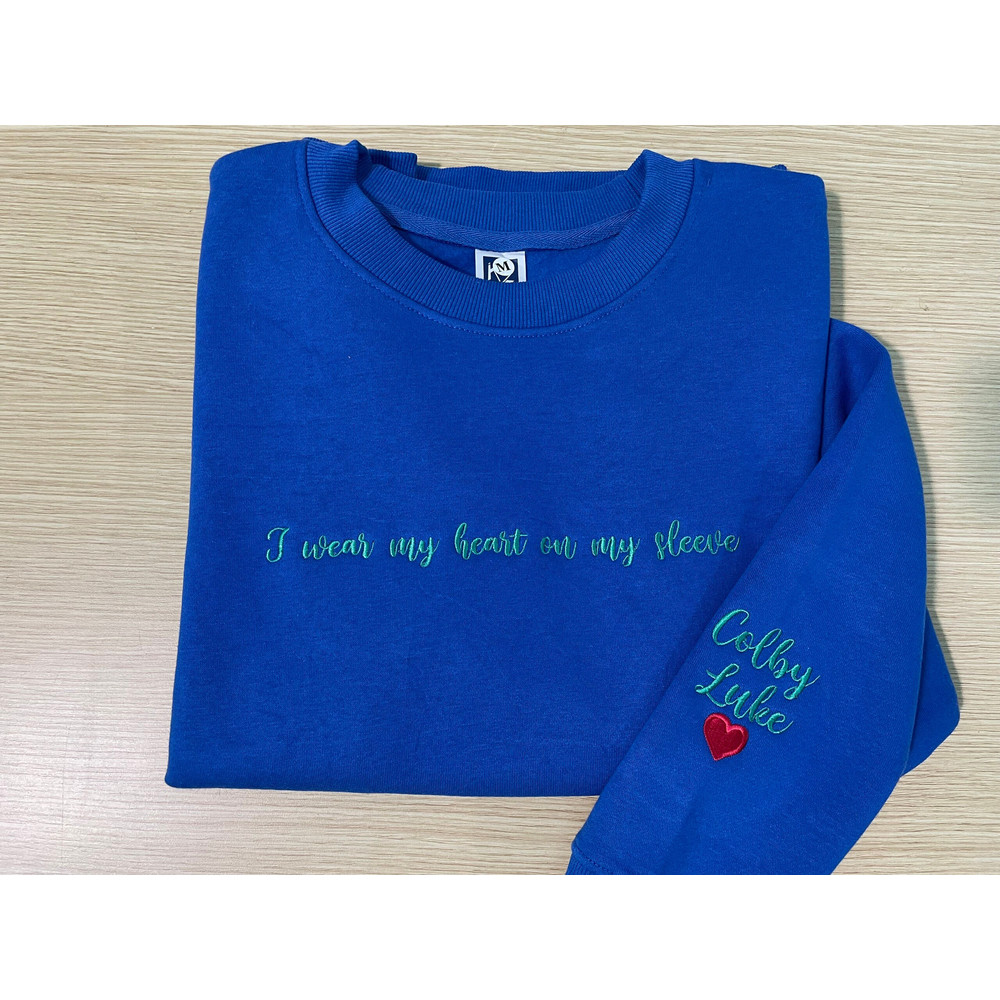 Embroidered I Wear My Heart On My Sleeve Sweatshirt with Kids Names on Sleeve, Custom Embroidery Mom Hoodie, New Mom Gift Personalized 3.jpg