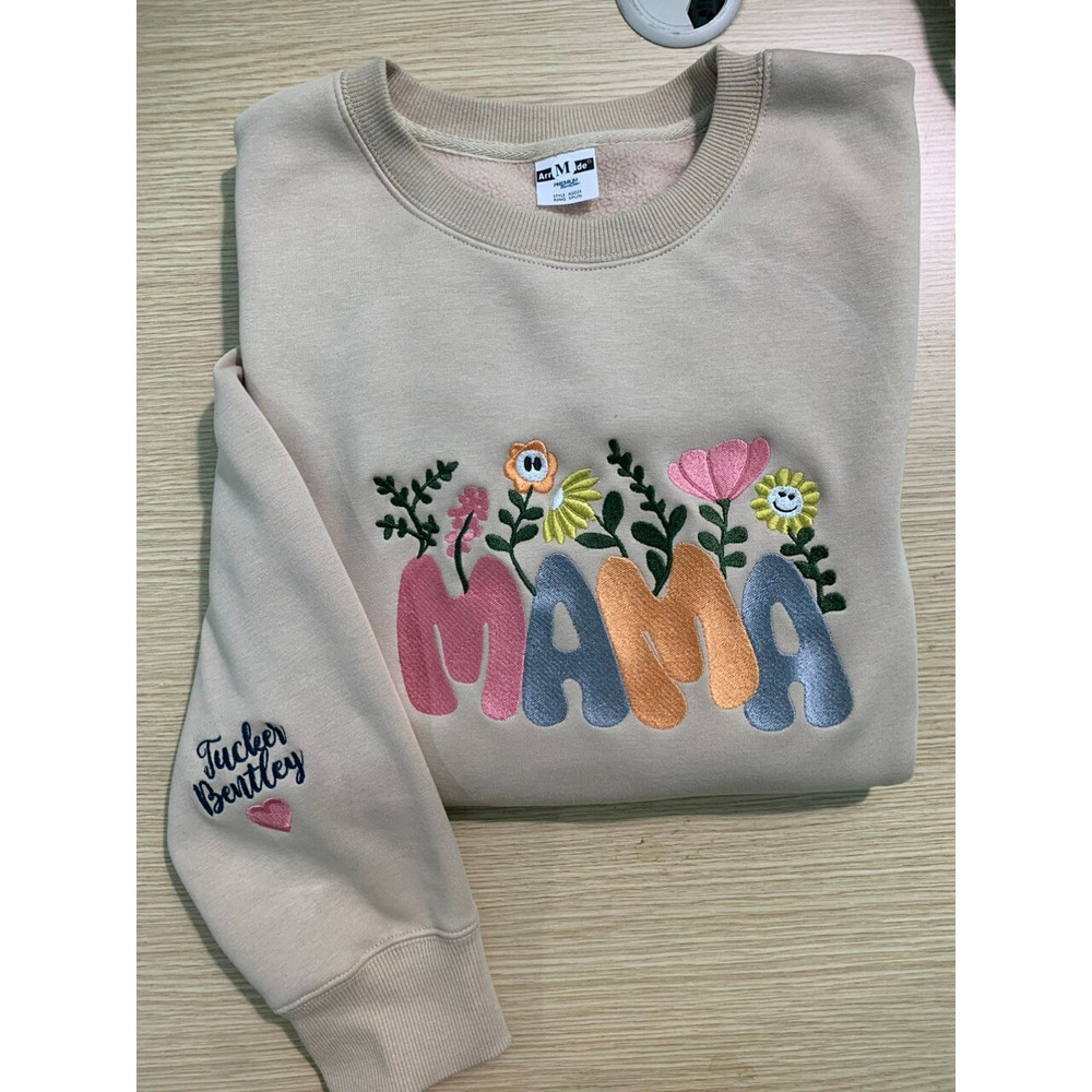 Mama Embroidered Sweatshirt, Custom Mama Shirt With Kids Names, Heart On Sleeve, Gift For New Mom, Mother's Day Gift 1.jpg