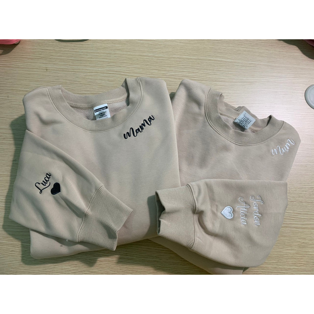 Mama Embroidered Sweatshirt, Custom neckline With Kids Names, Heart On Sleeve, Gift For New Mom, Pregnancy Reveal Hoodie Gift For New Mom.jpg