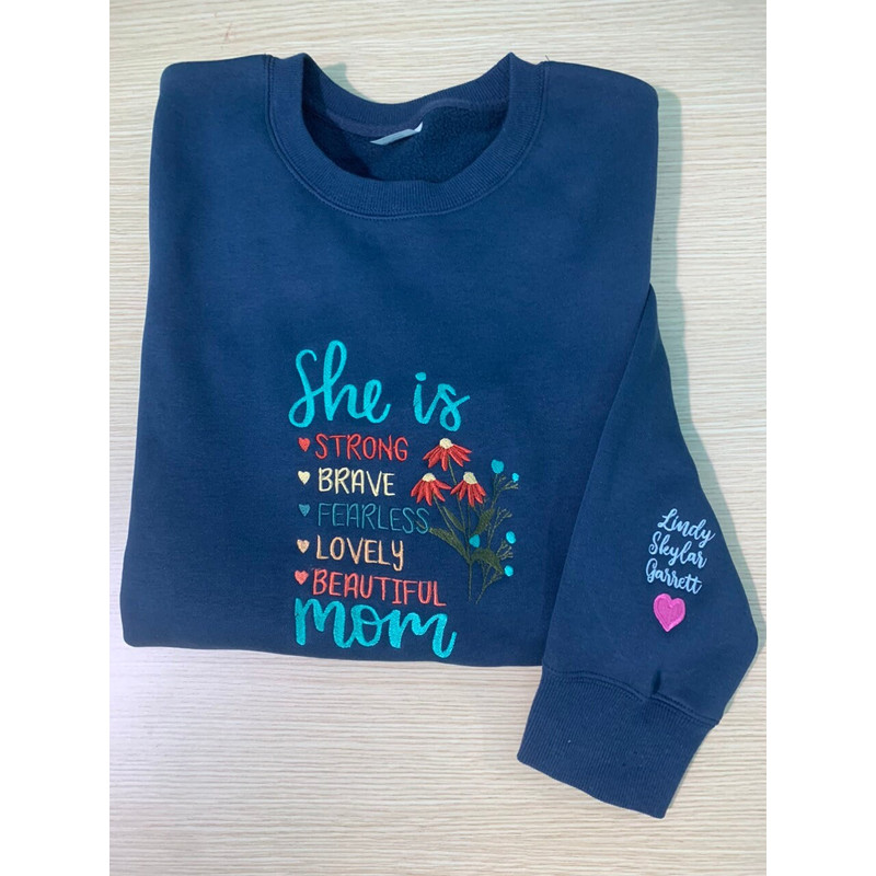MAMA Embroidered Sweatshirt, She is Sunflower Custom Mama Shirt With Kids Names, Heart On Sleeve, Gift For New Mom, Mother's Day Gift 2.jpg