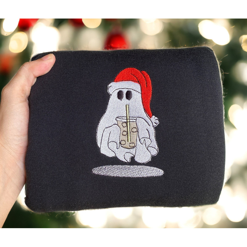 Embroidered Christmas Ghost Sweatshirt Santa Ghost Coffee Christmas Sweatshirt Women Christmas Sweater Crewneck Winter Sweatshirt Ugly Xmas.jpg