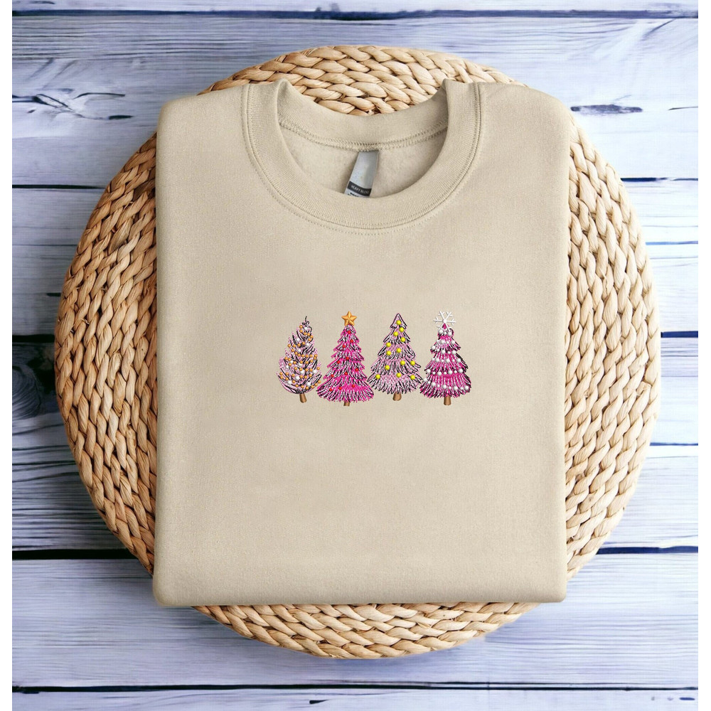 Embroidered Christmas Tree Sweatshirt Christmas Tree Pink Sweatshirt Women Christmas Sweatshirt Crewneck Ugly Xmas Sweater Xmas Tree Shirt.jpg