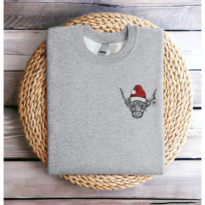 Embroidered Highland Cow Santa Christmas Sweatshirt Christmas Cow Sweatshirt Women Christmas Sweater Crewneck Winter Sweatshirt Ugly Xmas.jpg