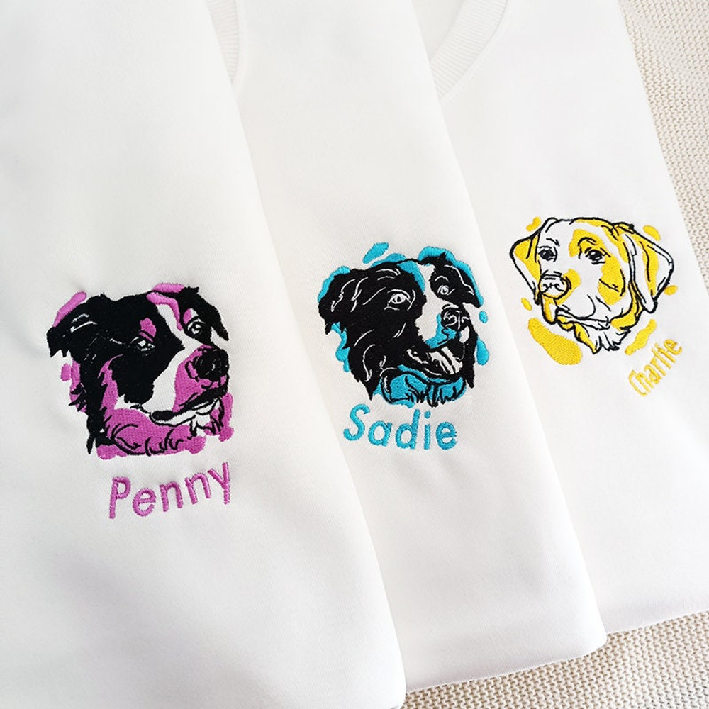 Colorful Embroidered Pet Portrait White Crewneck,Custom Pet From Your Photo Embroidered White Sweatshirt,Custom Pet Cartoon White Hoodie.jpg