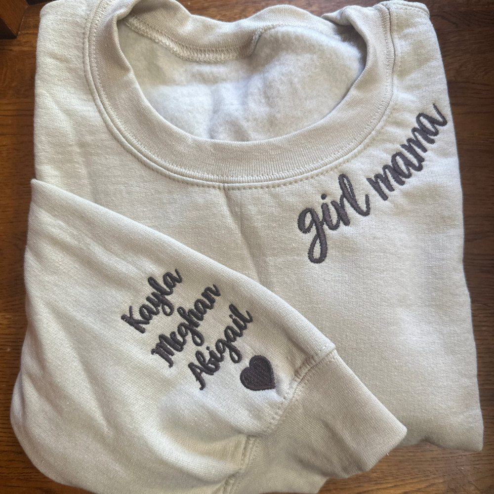 Custom Girl Mama Embroidered Sweatshirt with Kids Name on Sleeve, Personalized Girl Mama Crewneck, Mommy Crewneck, Mom Life sweatshirt.jpg