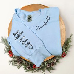 custom grandma sweatshirt with grandkids names on sleeve embroidered, personalized gift for grandma mother, new grandma