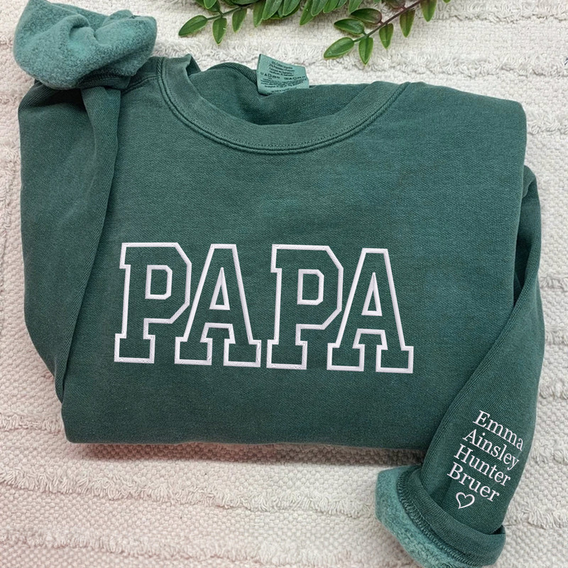 Comfort Colors® Neutral Papa Sweatshirt, EMBROIDERED Dad Shirt with Kids Names on Sleeve, Varsity Letter Hoodie, Birthday Gift for Daddy.jpg