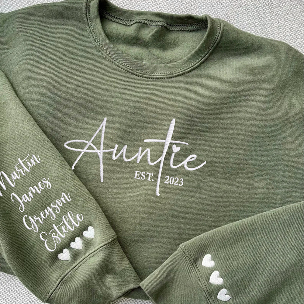 Custom Auntie Sweatshirt with Kids Names on Sleeve, EMBROIDERED Cool Aunt, Christmas Gift for Auntie.jpg