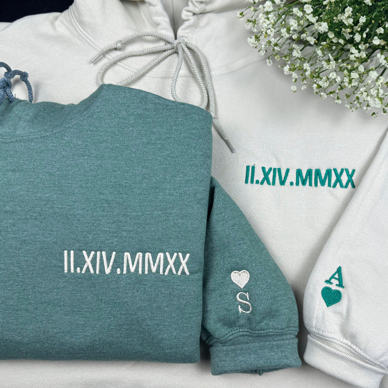 Custom Date and Initial Sweatshirt, EMBROIDERED Matching Hoodie for Couples, Roman Numeral Shirt, Valentine Gift For Him.jpg