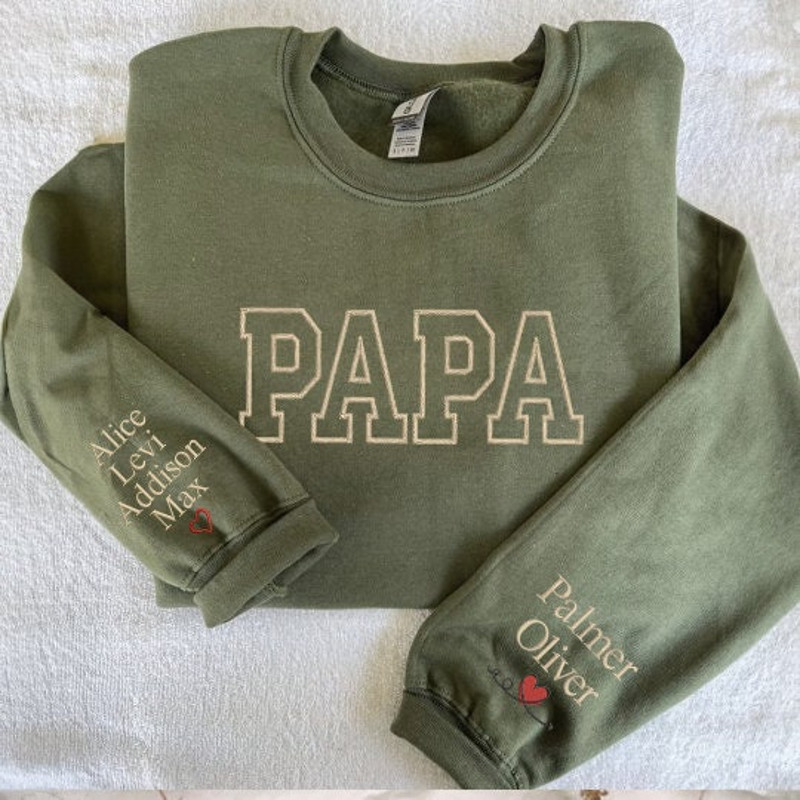 EMBROIDERED Neutral Papa Sweatshirt, Dad Shirt with Kids Names on Sleeve, Varsity Letter Hoodie, Christmas Gift for Daddy.jpg