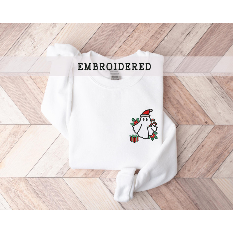 Embroidered Christmas Ghost Sweatshirt, Ghost With Present, Funny Embroidered Crewneck, Embroidery Xmas Pullover, Winter Sweatshirt.jpg